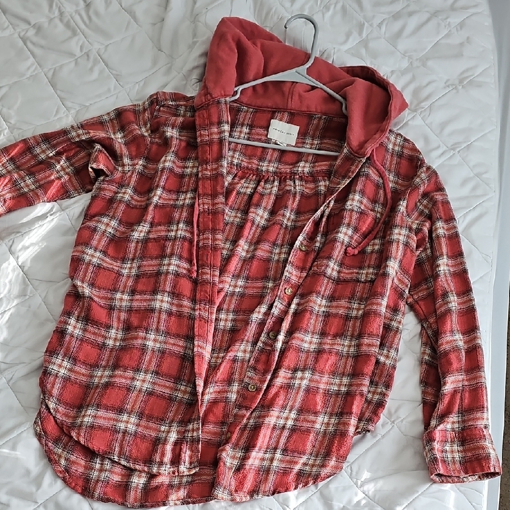 American Eagle Button Hooded Plaid Top Long Sleeve